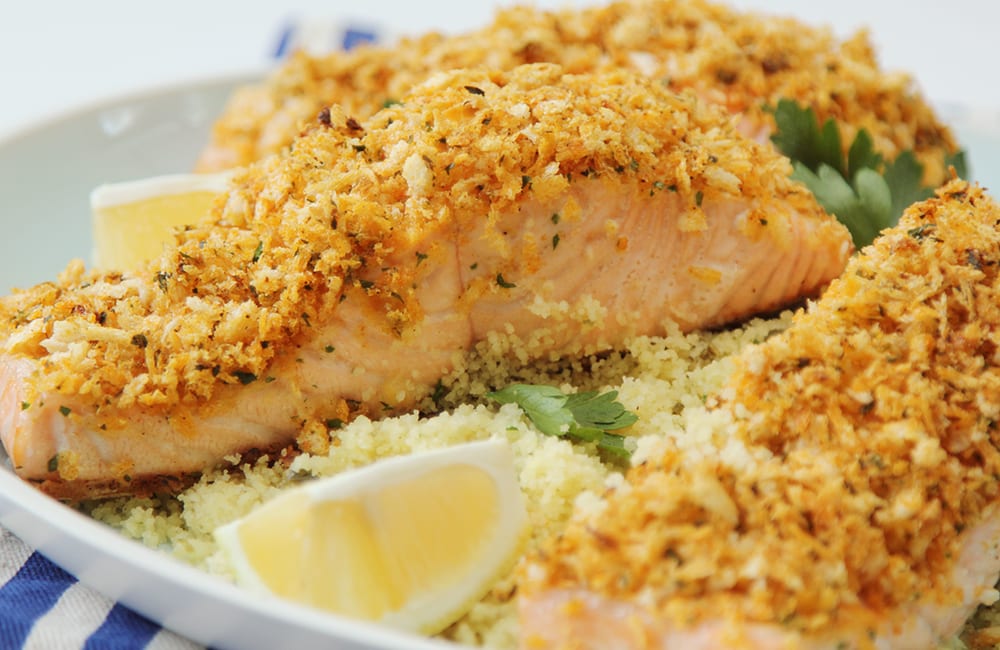 BreadcrumbCrusted Salmon with Lemon Couscous (แซลมอนหน้าเกล็ดขนมปังกับ