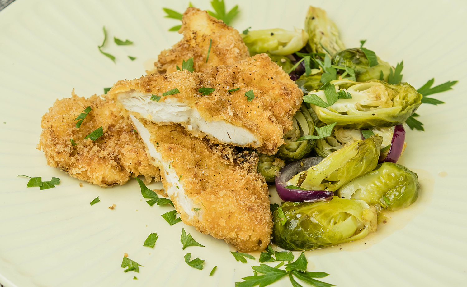 Breaded Chicken Cutlets with Sriracha Brussel Sprouts (ไก่ทอดกับกะหล่ำ