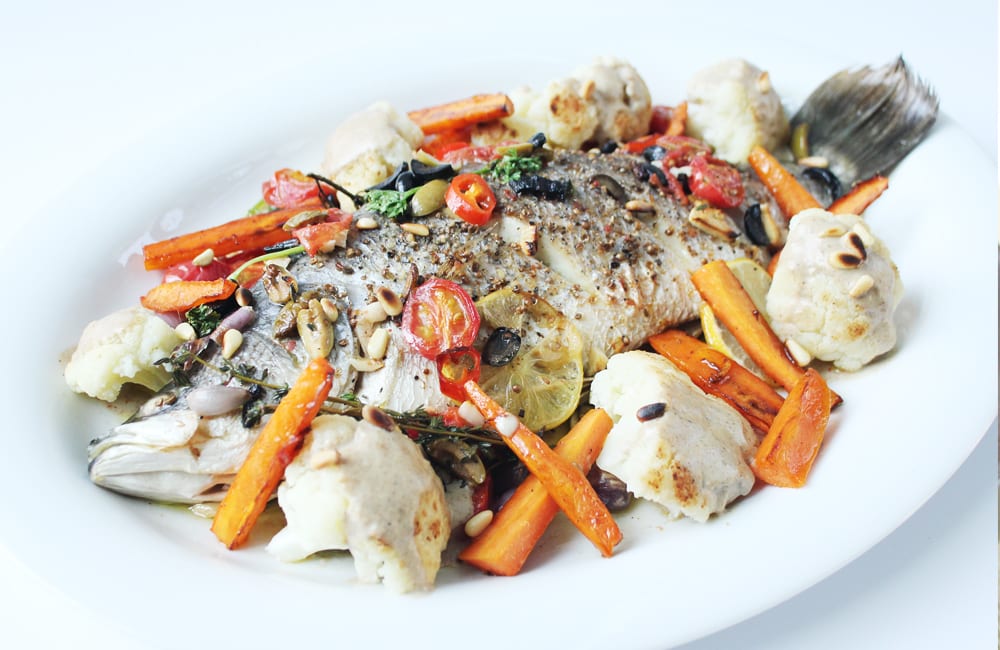 Baked Sea Bass with Honey Glazed Carrots (ปลากะพงอบกับแคร์รอตน้ำผึ้ง)