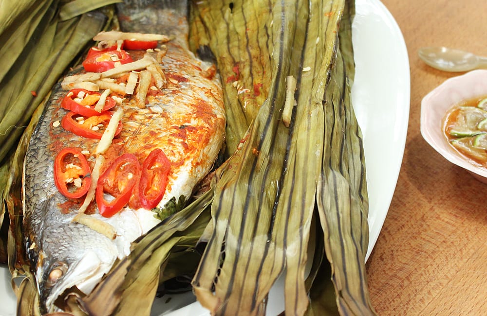 Baked Sea Bass in Banana Leaf (ปลากะพงห่อใบตอง)