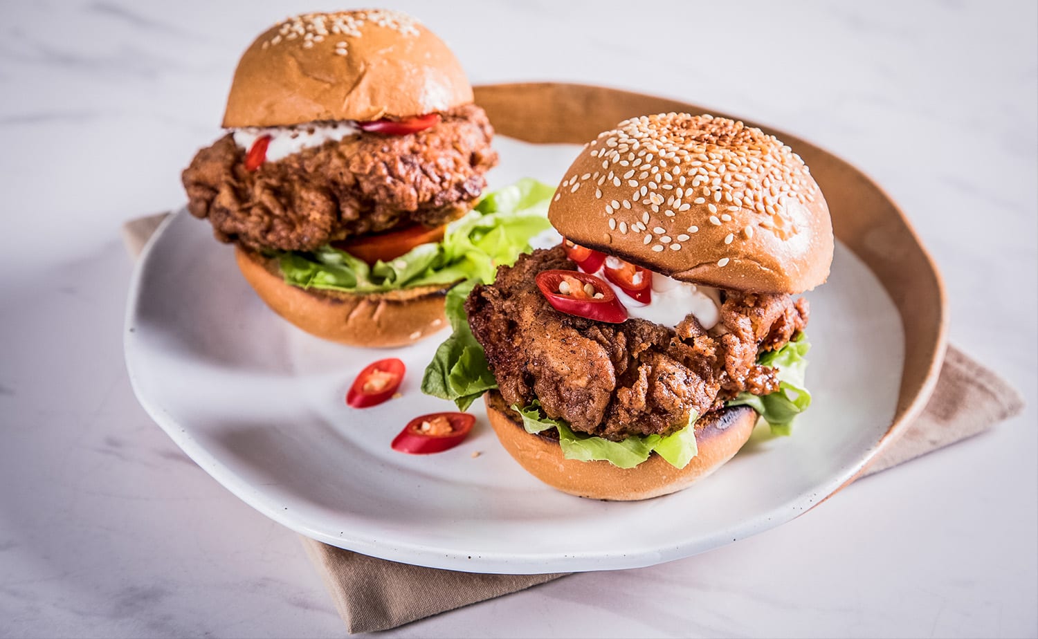 ChineseStyled Fried Chicken Burgers (เบอร์เกอร์ไก่ทอดสไตล์จีน)