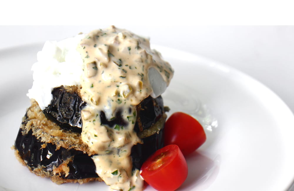 Breaded Eggplant with Poached Eggs (มะเขือม่วงทอดหน้าไข่ทอดน้ำ)