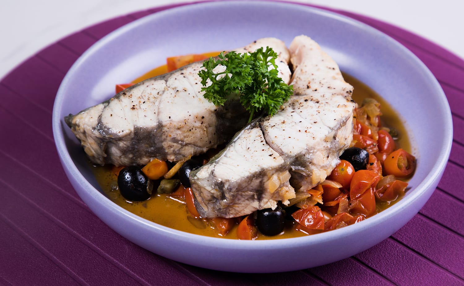 Poached Fish in Spicy Tomato Broth (ปลากะพงในน้ำซุปมะเขือเทศรสจัด )