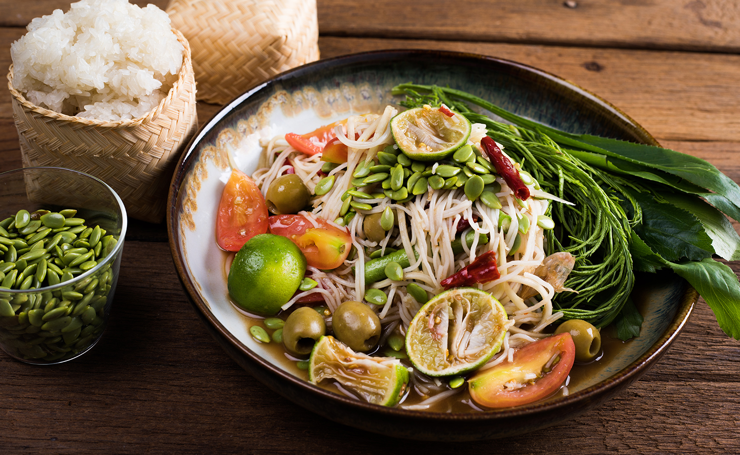 Green Olives Spicy Rice Vermicelli Salad (ตำซั่วมะกอกเขียว)