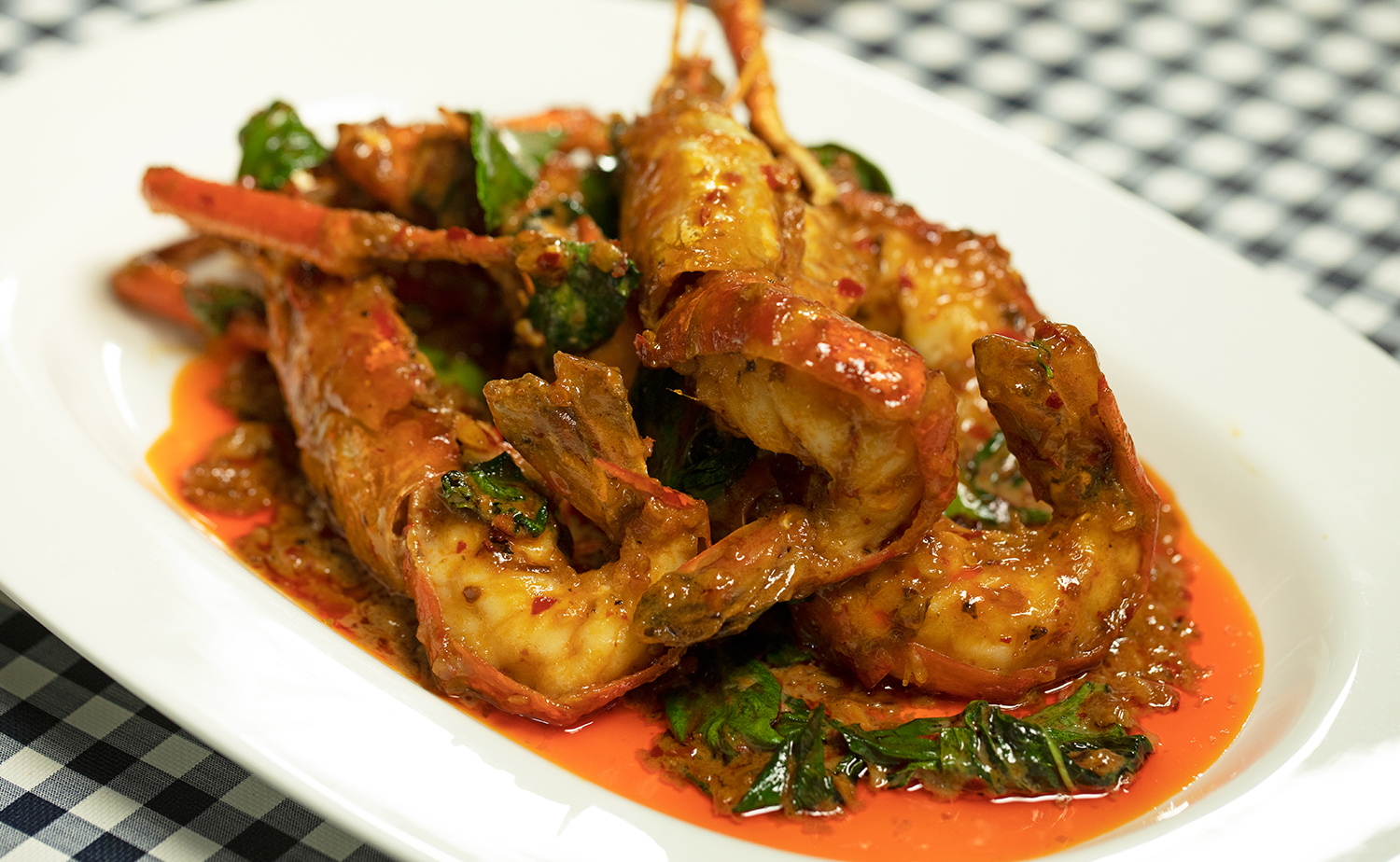 River Prawn in Chilli Jam Sauce (กุ้งแม่น้ำผัดน้ำพริกเผา)