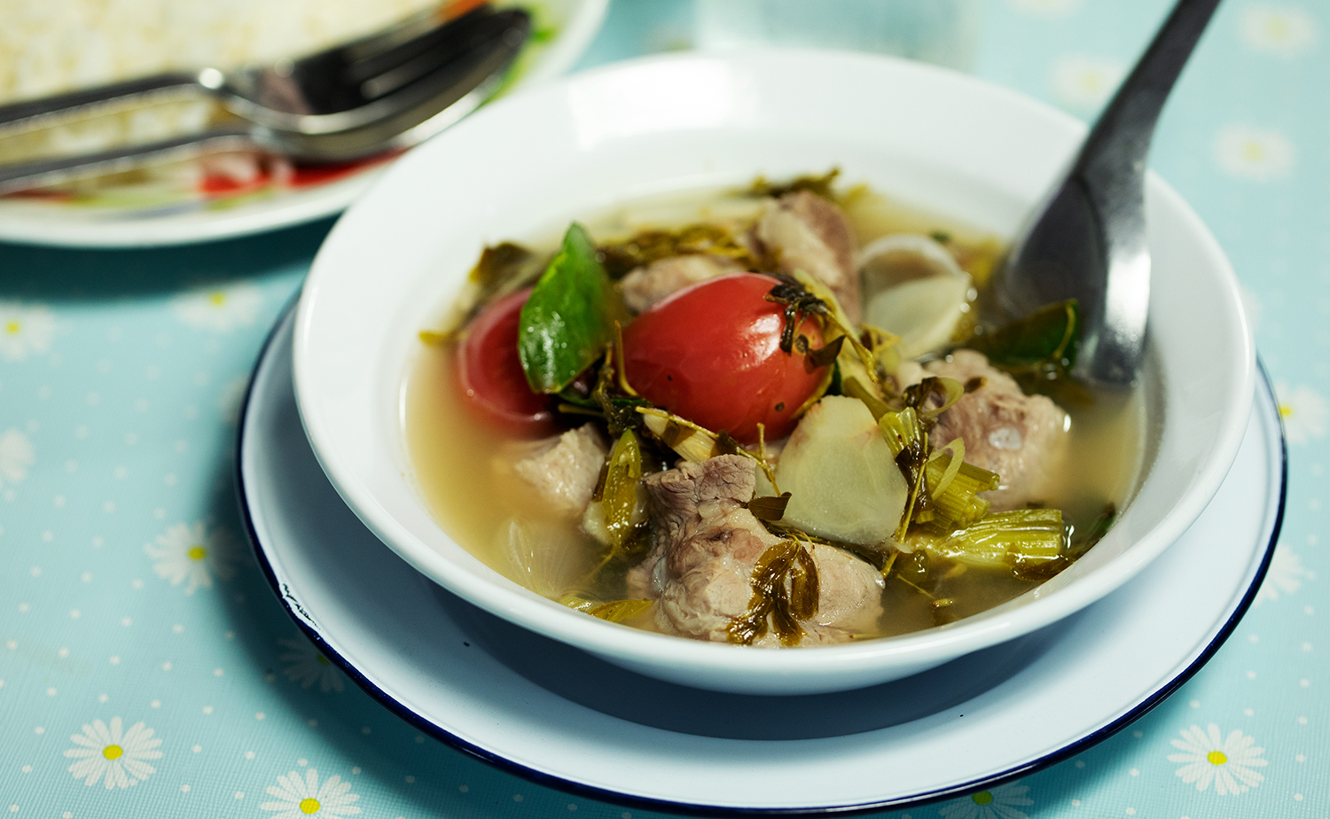 Pork Spareribs Spicy and Sour Soup with Tamarind Leaves (ต้มแซ่บกระดูกหมูอ่อนยอดมะขาม)