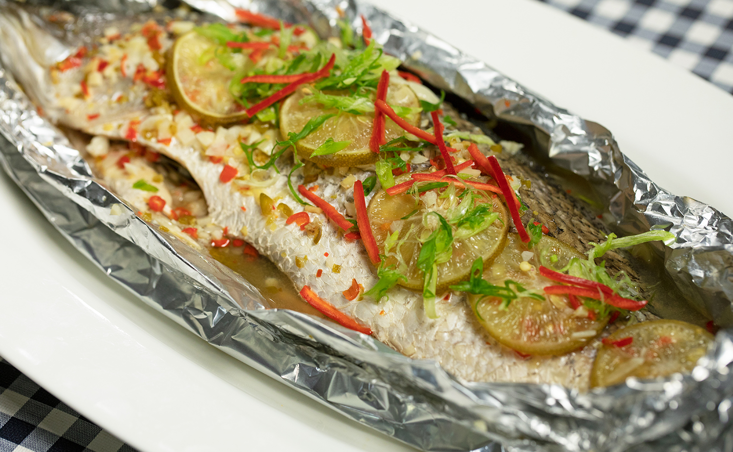 Steamed Seabass with Lime and Chillies (ปลากะพงนึ่งมะนาว)