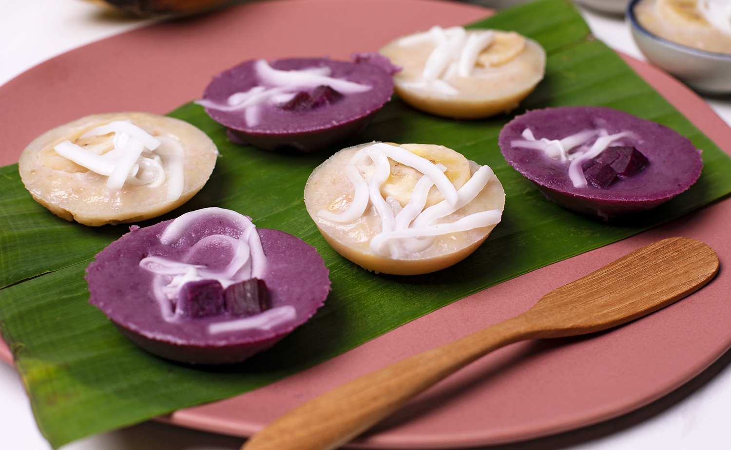 Purple Sweet Potato and Banana Coconut Pudding (ขนมมันม่วง และขนมกล้วย)