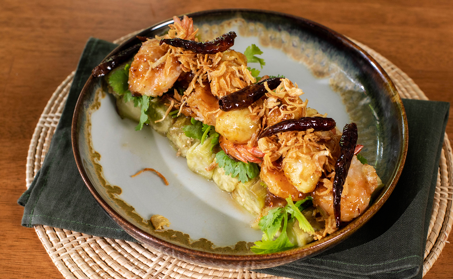 Prawn Tempura and Roasted Eggplants Salad with Chilli-Tamarind Dressing (ยำมะเขือยาวกุ้งทอดซอสมะขาม)