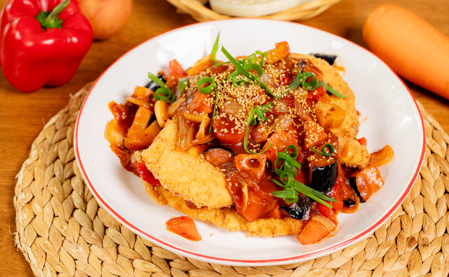 Chicken Schnitzel with Sweet and Sauce Kimchi Sauce (อกไก่ชุบเกล็ดขนมปังทอดซอสกิมจิเปรี้ยวหวาน)