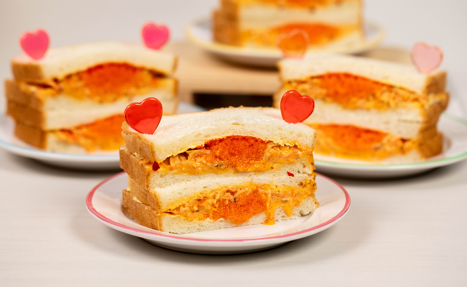Spicy Crabstick and Ebiko Sando (แซนด์วิชปูอัดพริกเผาไข่กุ้ง)